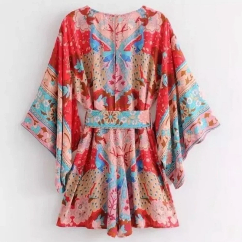 Spell Red Multicolor Floral Boho Short Jumpsuit - Picture 9 of 12